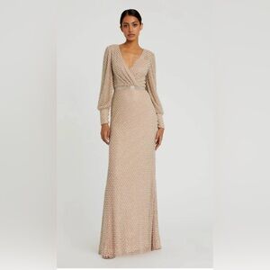 Wrap Over Bishop Sleeve Gown With Pearl Beading Size 10 Color Ivory Nude